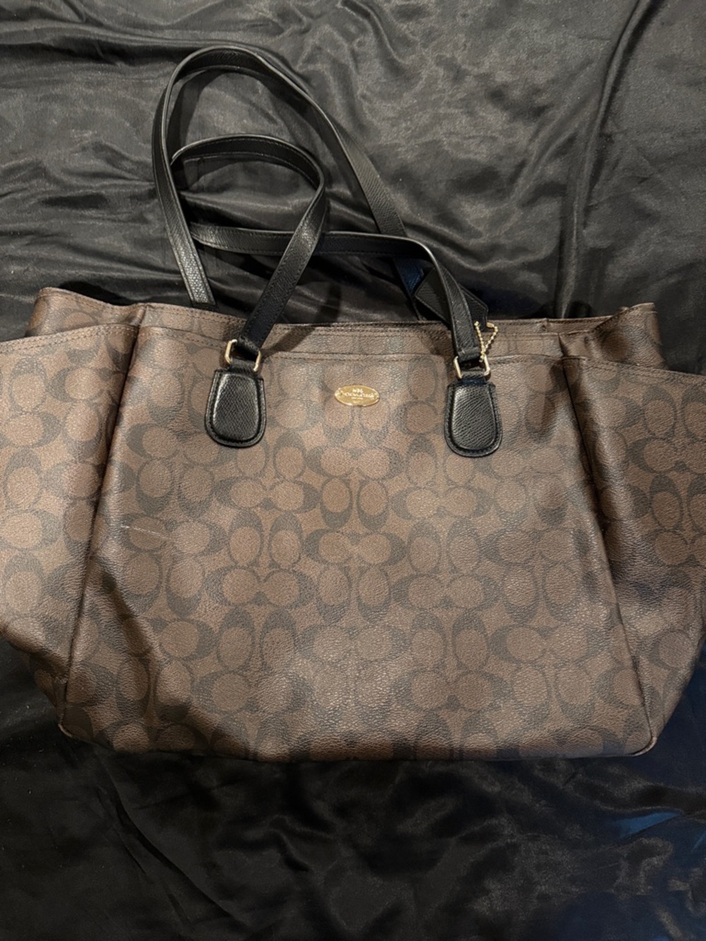 Coach Brown Signature Canvas Tote with Black Handles and Gold Accent